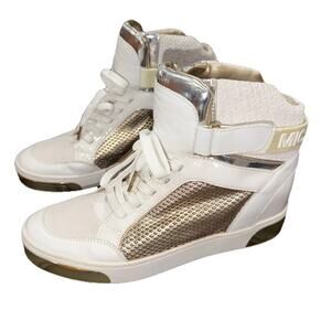 Michael Kors White Gold High Top Wedge Sneakers Logo Strap Size 9